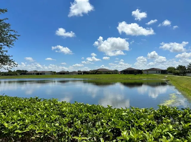 a view of a lake with a houses in the back