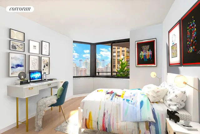 a bedroom with furniture and a two windows