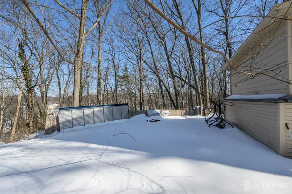 a view of backyard with large trees