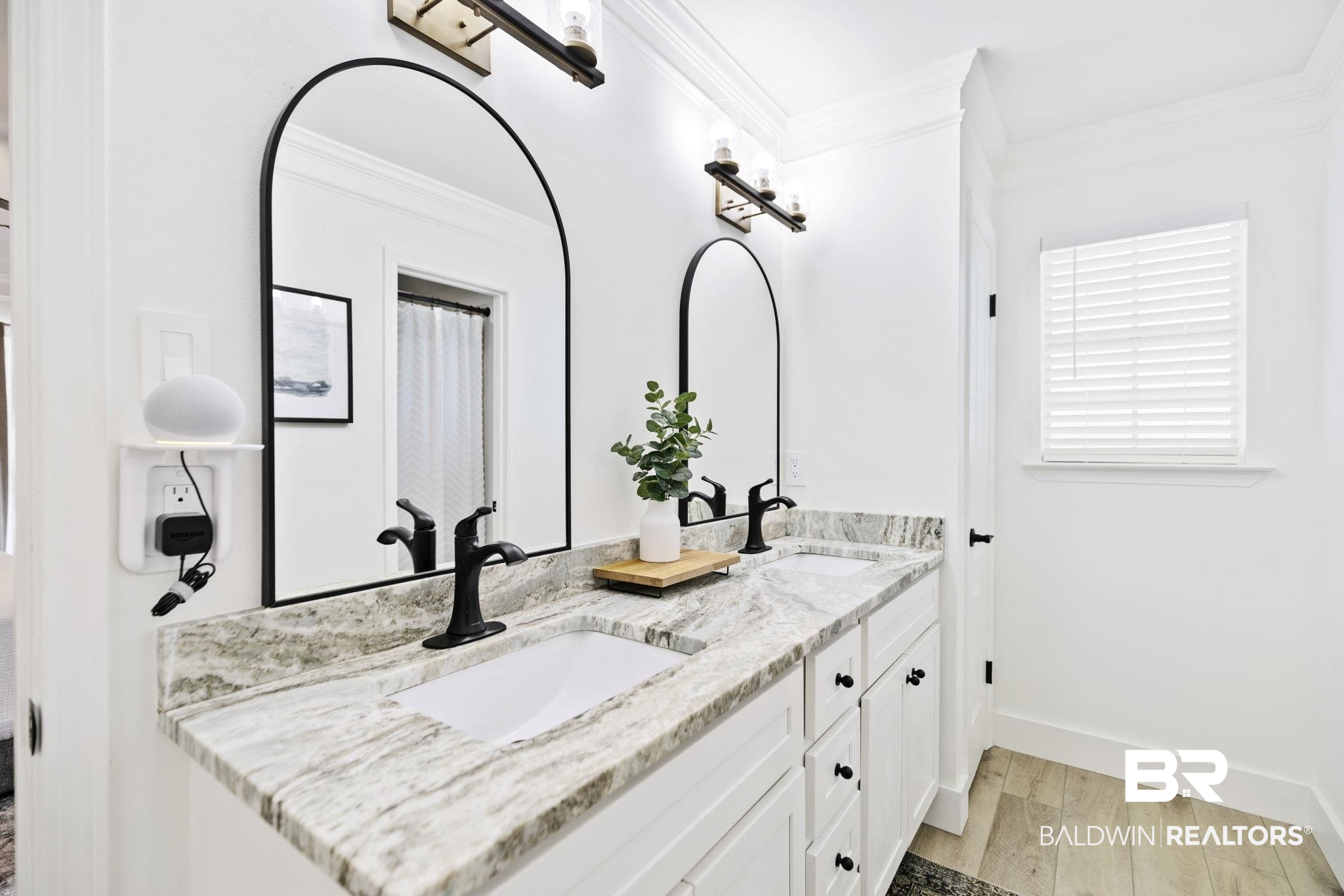 342 Ridgewood Drive Daphne, AL 36526 - Photo 10 of 36 Bathroom with hardwood / wood-style flooring, double sink vanity, and ornamental molding