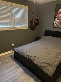 a bedroom with a bed and a window