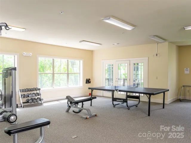 a view of a porch with seating space