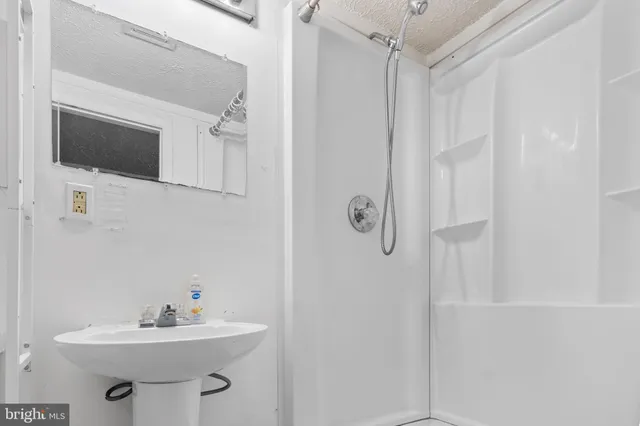 a bathroom with a sink a mirror and shower