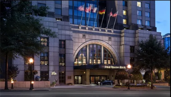 a view of a building and a street