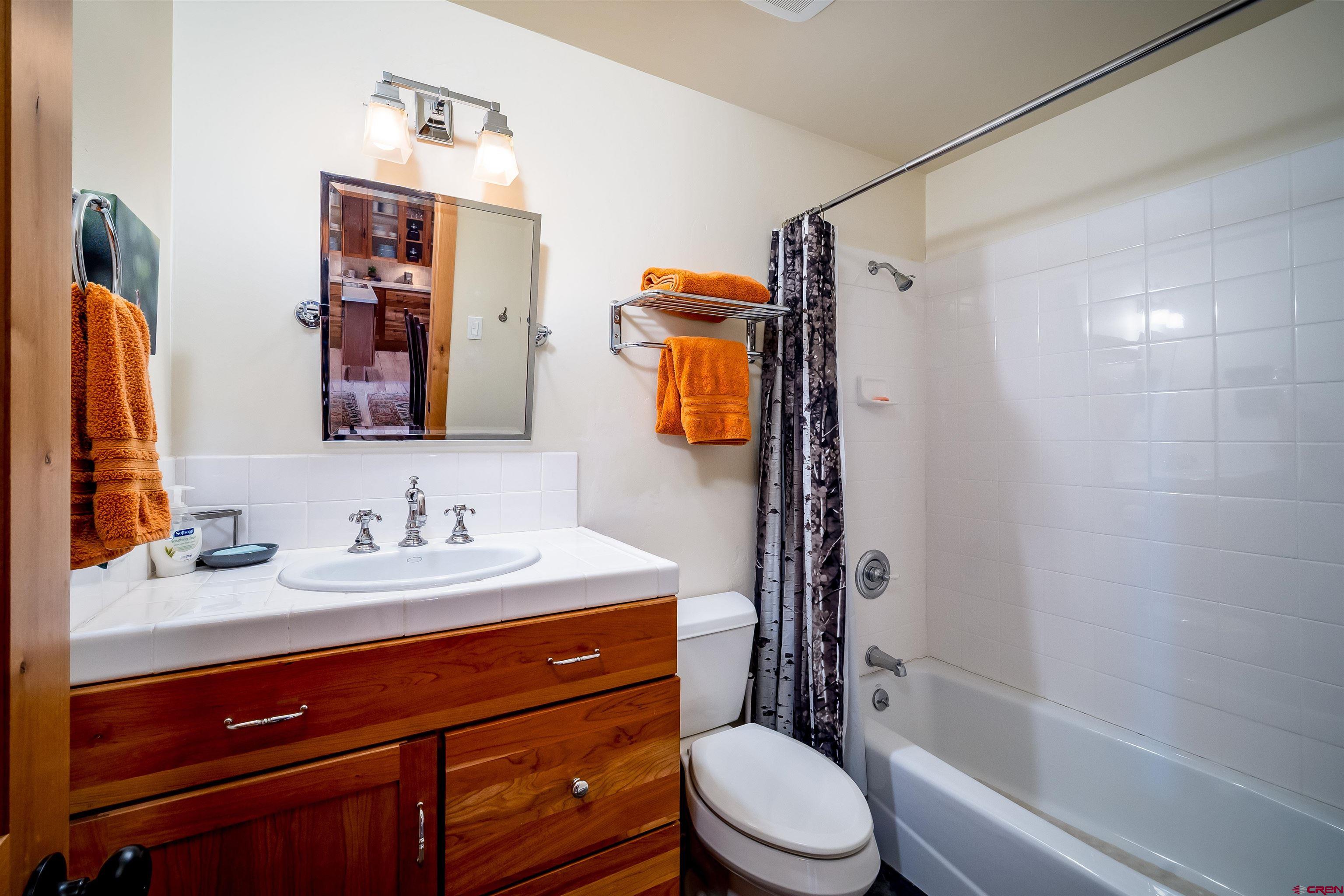 455 Sheol Street, Unit 320 Durango, CO 81301 - Photo 15 of 42 a bathroom with a sink a toilet a mirror a vanity and shower