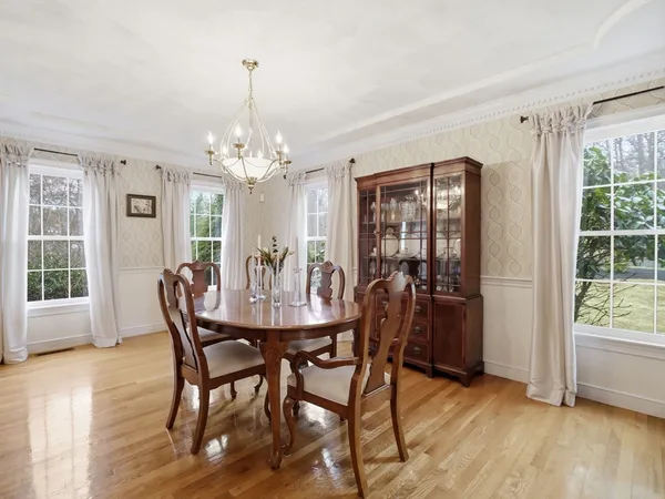 a view of a dining room with furniture window and wooden floor