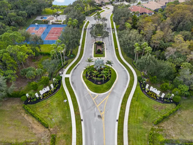 an aerial view of a swimming pool