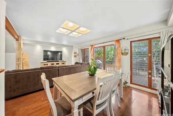 a view of a dining room with furniture window and wooden floor