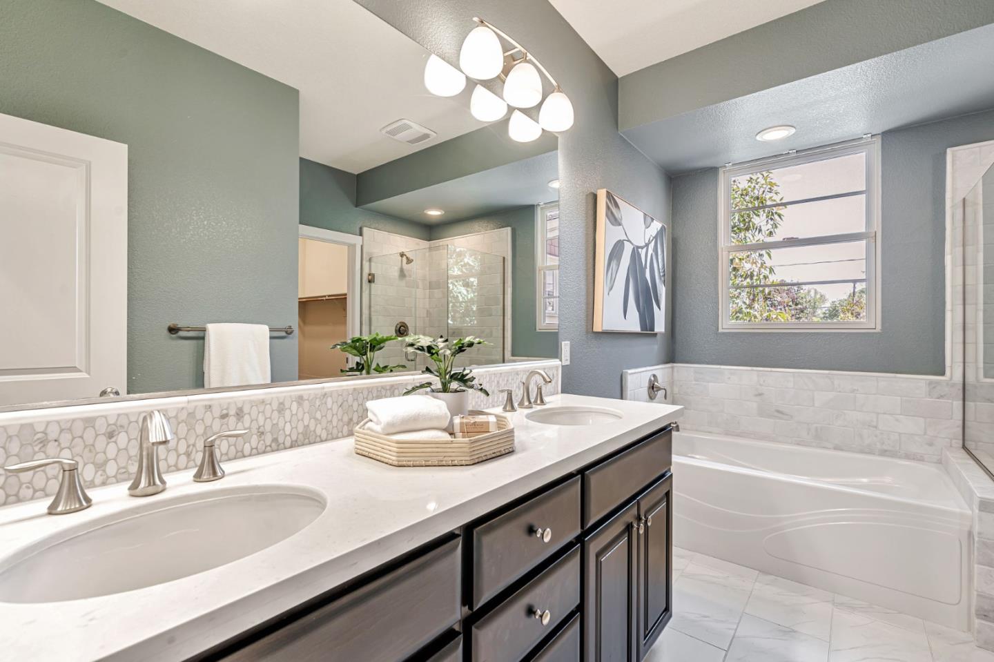 310 Villa Street Mountain View, CA 94041 - Photo 34 of 40 a bathroom with a sink double vanity granite tub and a mirror