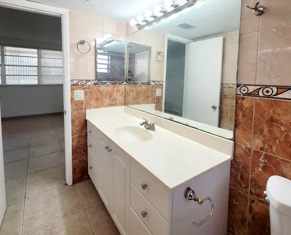 a bathroom with a sink vanity and a mirror