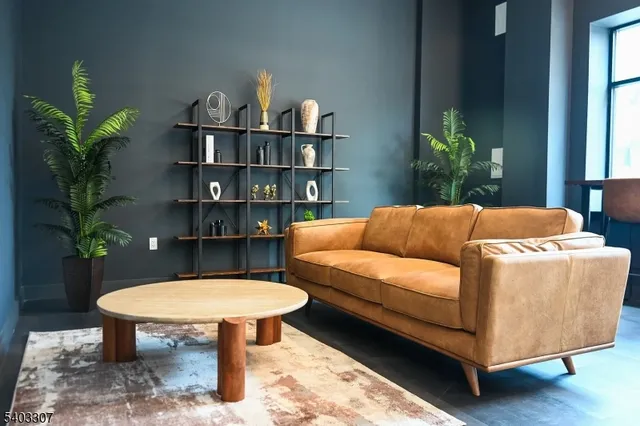 a living room with furniture and a potted plant