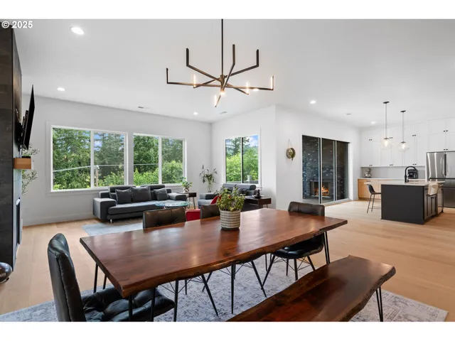 a view of a dining room with furniture window and outside view