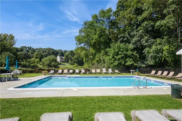a view of a swimming pool and lounge chairs in the garden