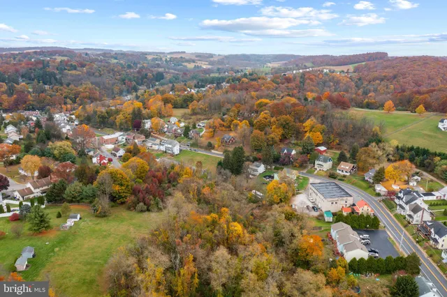 an aerial view of residential houses with outdoor space and trees