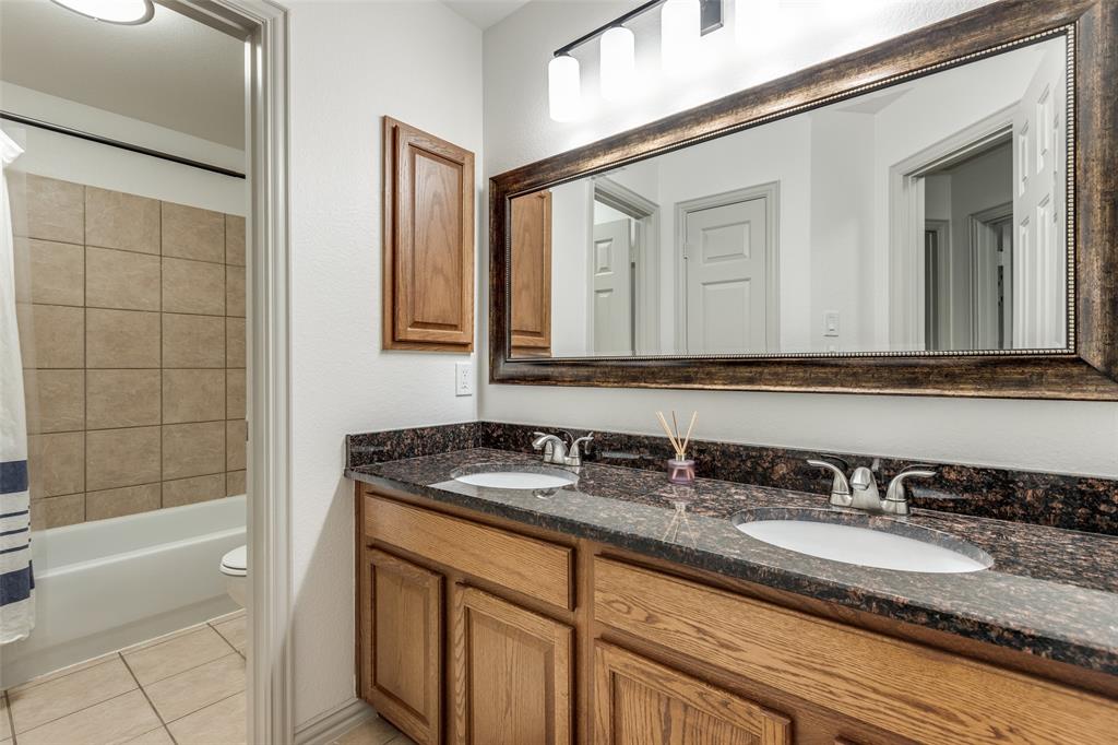 1445 Stagecoach Way Frisco, TX 75033 - Photo 31 of 39 a bathroom with a granite countertop sink and a mirror