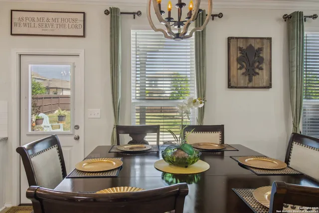 a view of a dining room with furniture window and outside view