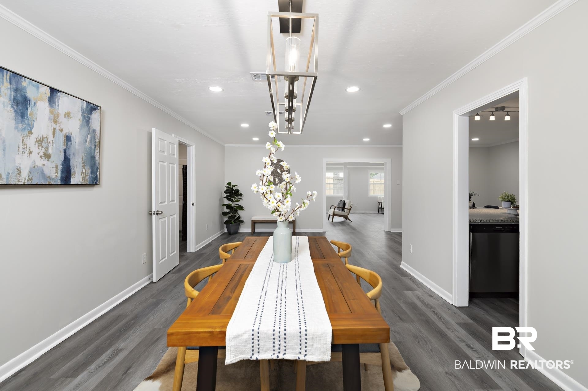 5922 Sunnyside Drive Mobile, AL 36619 - Photo 2 of 51 Dining space featuring recessed lighting, ornamental molding, dark wood-style floors, and baseboards