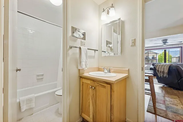 a bathroom with a sink a mirror and a shower