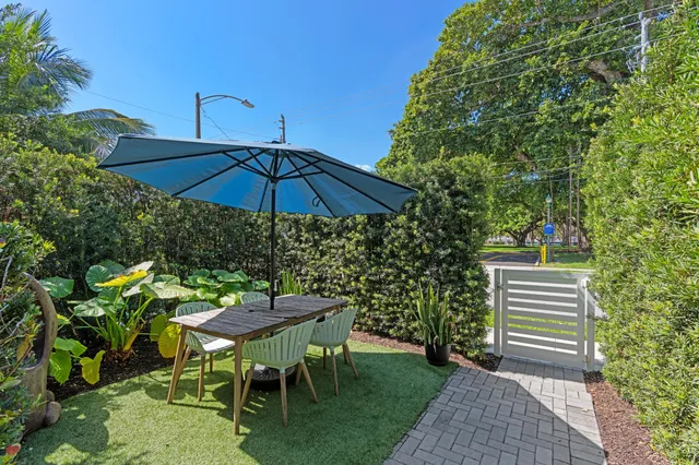 a garden view with a seating space