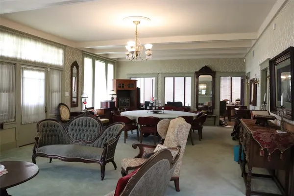 a living room with furniture potted plant and windows