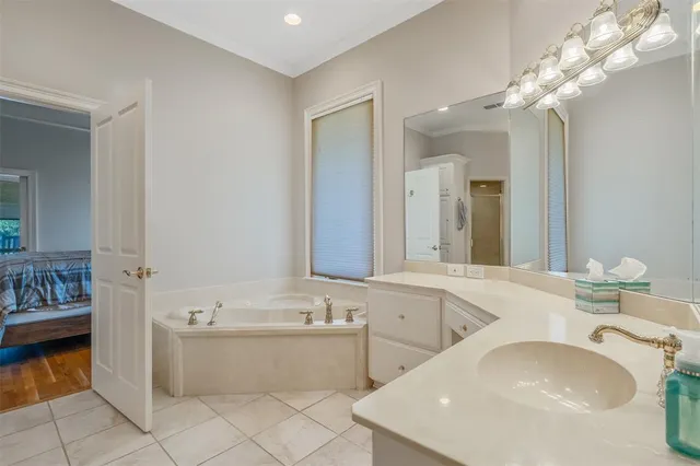 a bathroom with a bathtub a sink and a mirror