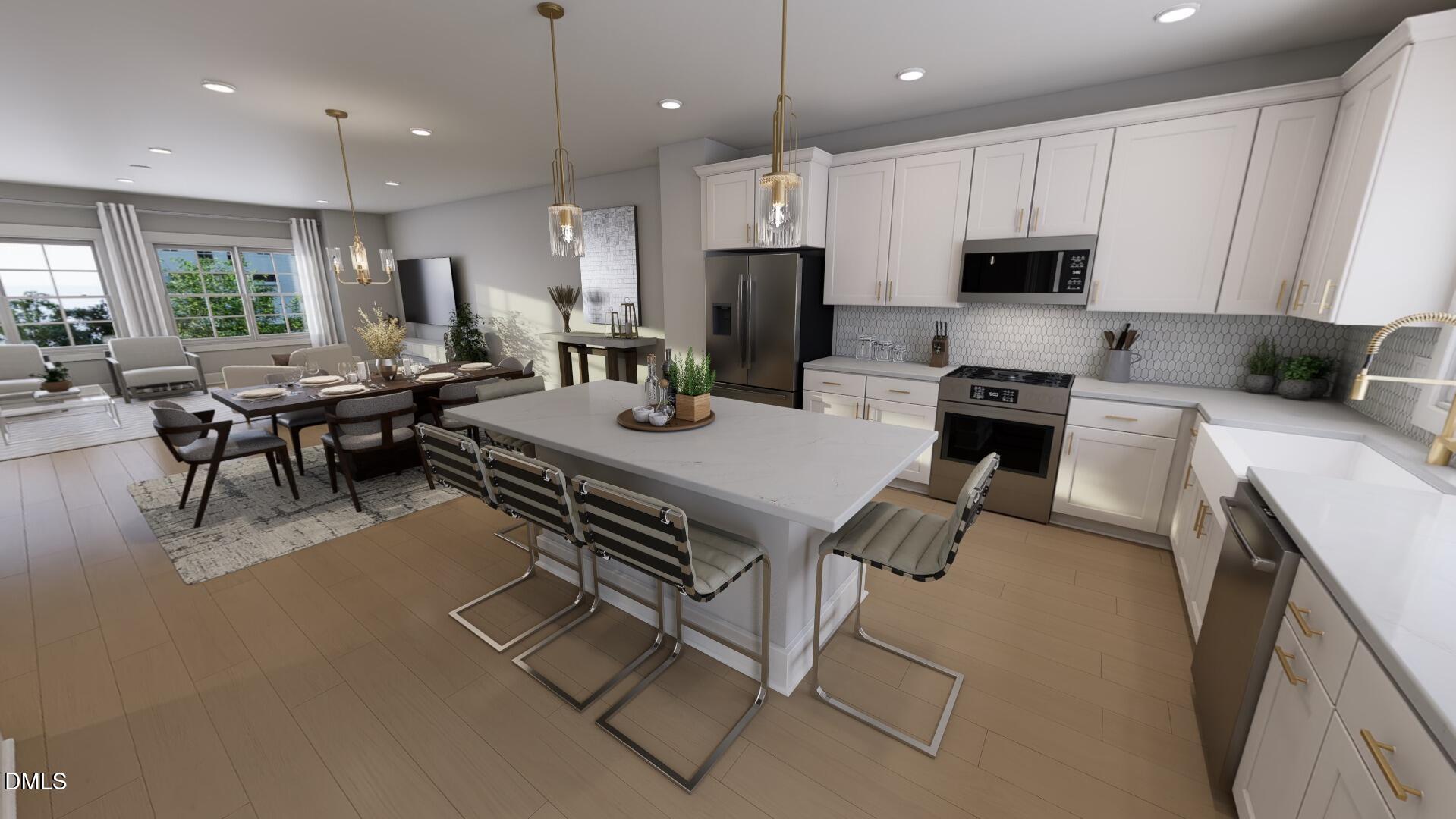 a kitchen with stainless steel appliances granite countertop a stove top oven a sink dishwasher a dining table and chairs with wooden floor