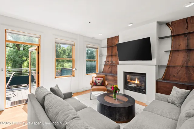 a living room with furniture a flat screen tv and a fireplace