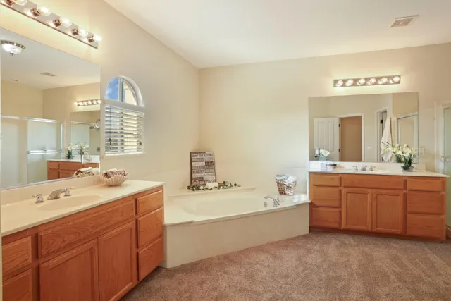 a bathroom with a tub sink and mirror