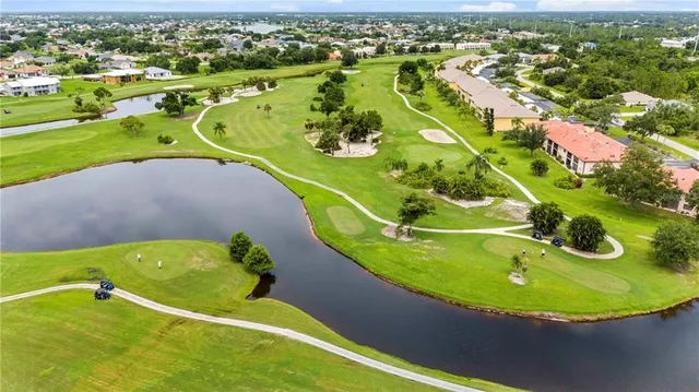 an aerial view of a swimming pool