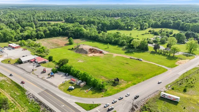 an aerial view of a swimming pool