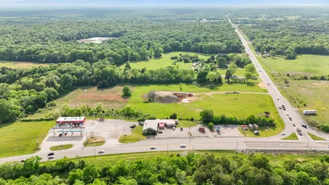an aerial view of green landscape with trees houses and lake view
