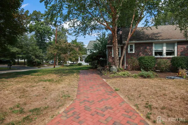 an aerial view of residential houses with outdoor space and trees