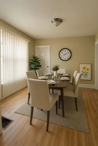 a view of a dining room with furniture and window