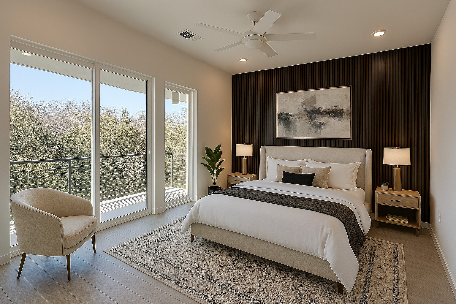 2000 Riverside Farms Road, Unit 8101 Austin, TX 78741 - Photo 4 of 10 This modern bedroom features large windows offering serene views, a stylish accent wall, and a cozy, well-appointed seating area.