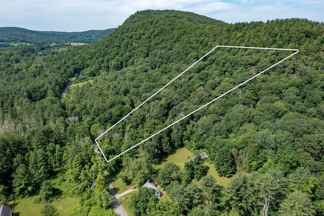 a view of a green field with mountains in the background