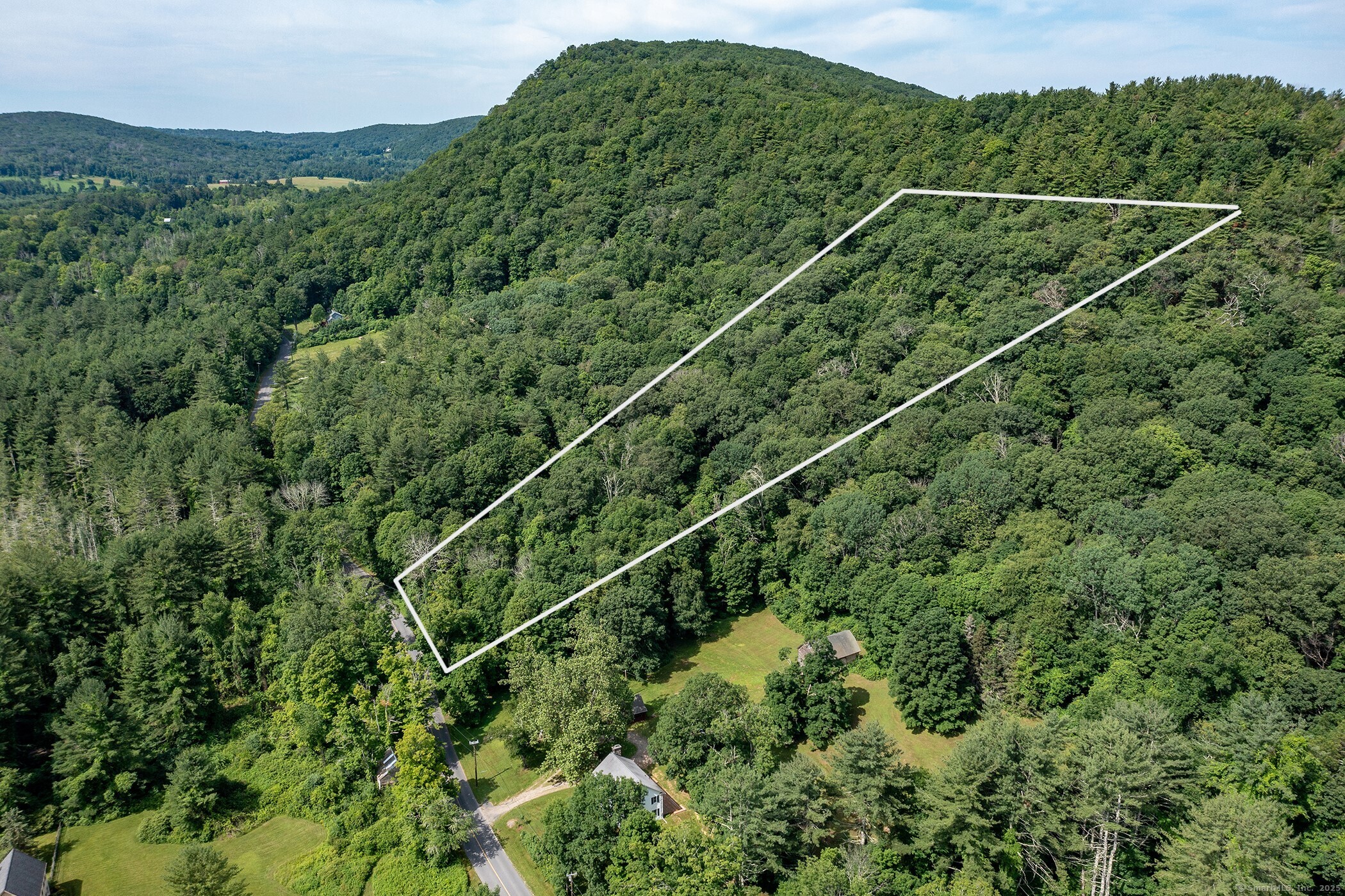 a view of a green field with mountains in the background