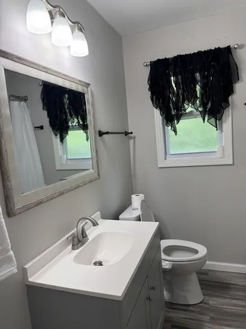 a bathroom with a sink toilet and mirror