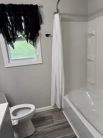 a bathroom with a toilet and a bathtub