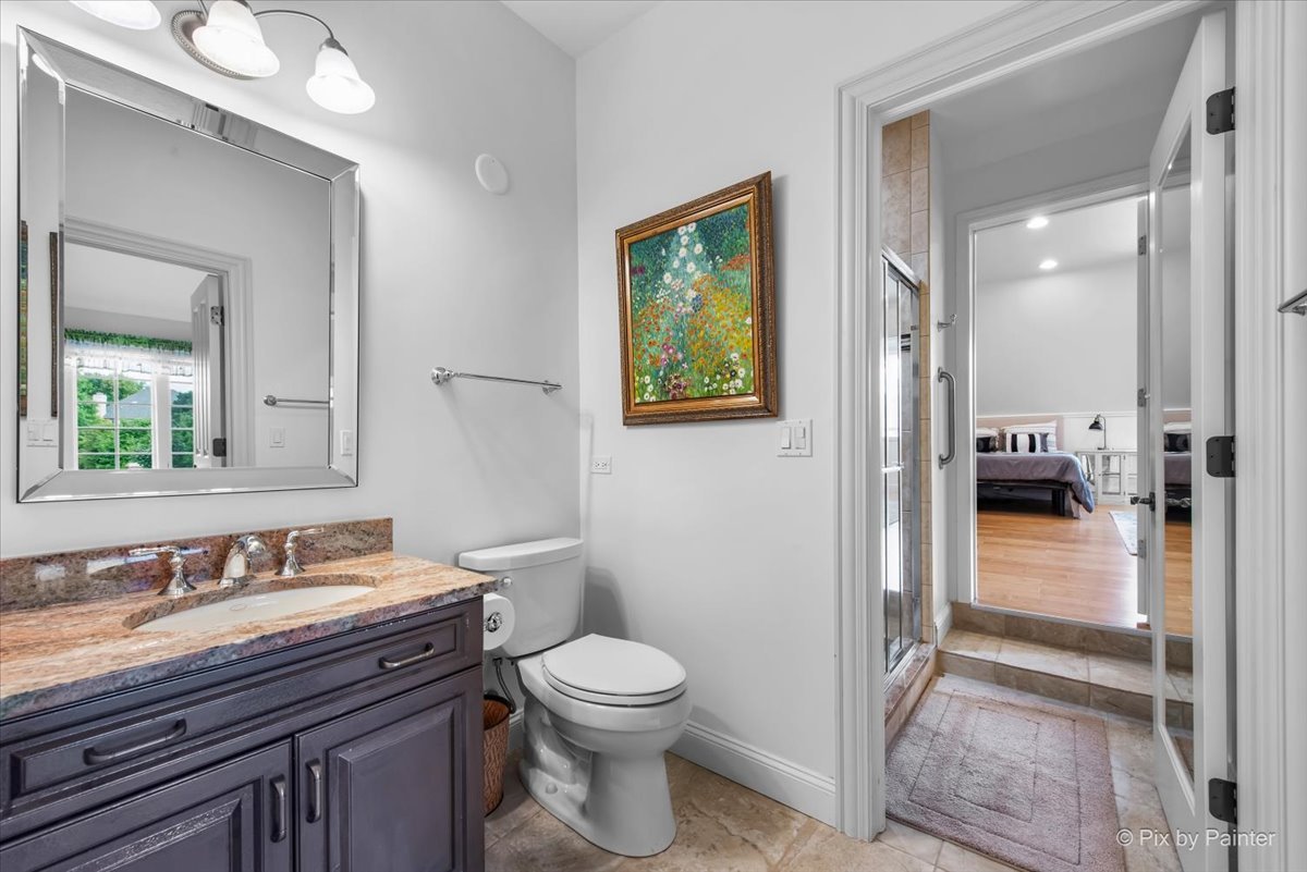 36W535 Hunters Gate Road St. Charles, IL 60175 - Photo 40 of 56 a bathroom with a granite countertop toilet a sink and a mirror