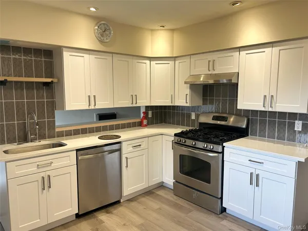 a kitchen with a sink white cabinets and stainless steel appliances