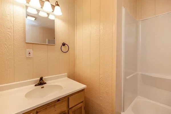 a bathroom with a sink a mirror and a shower