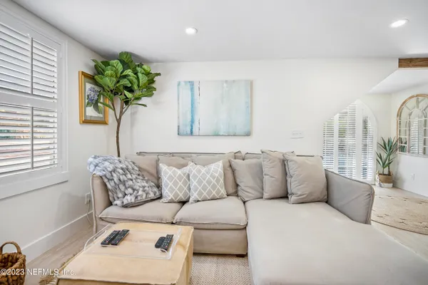 a living room with furniture flowerpot and a potted plant