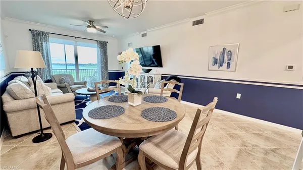 a view of a dining room with furniture window and outside view