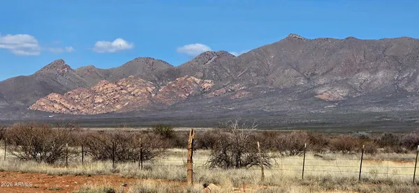a view of a dry yard with mountains in the background