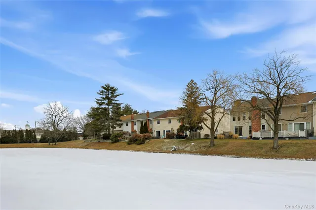a view of a lake with couches in the background