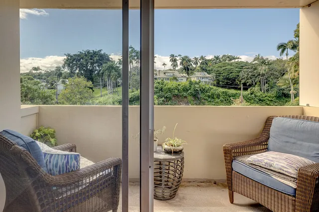 a view of a balcony with chair and potted plant