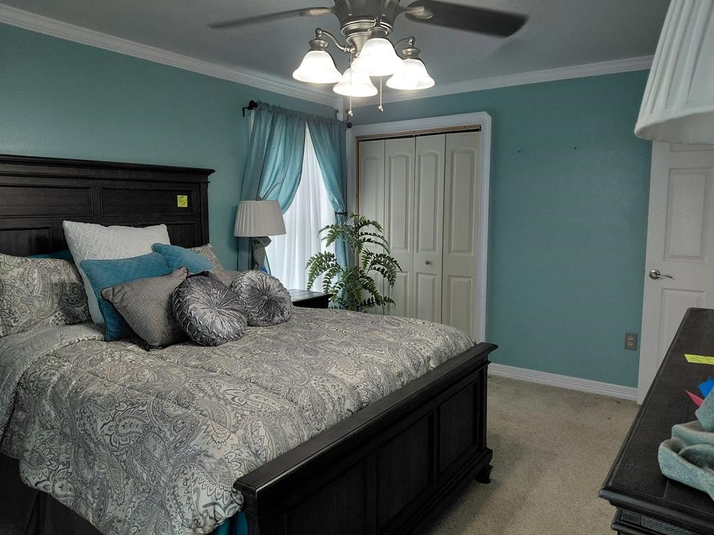 1231 County Road 201A Angleton, TX 77515 - Photo 16 of 26 a bedroom with a bed and a chandelier