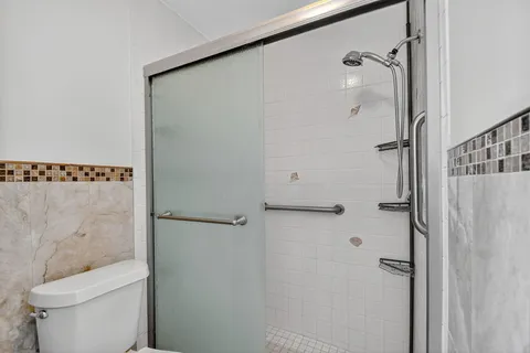 a bathroom with a toilet and a shower