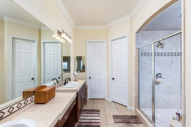 a bathroom with a double vanity sink double vanity and shower