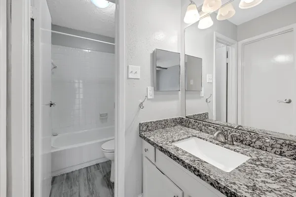 a bathroom with a bathtub and a toilet